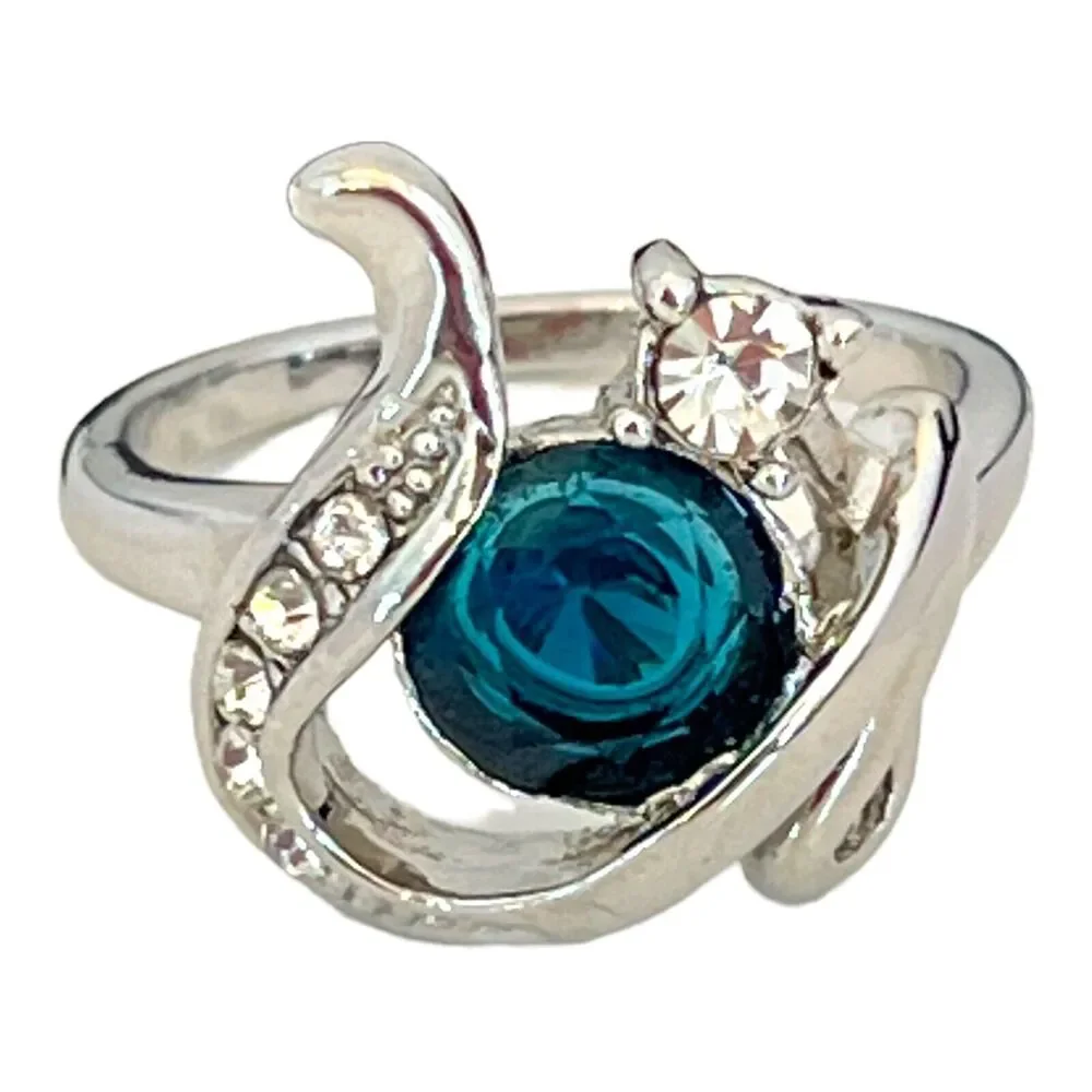 Vintage 1980s Blue Glass Ring Rhinestone Accents Silver Tone Size 7 - 5Z